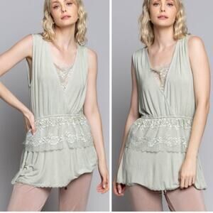 POL Desert Sage Lace V Neck Top NWT Size Large